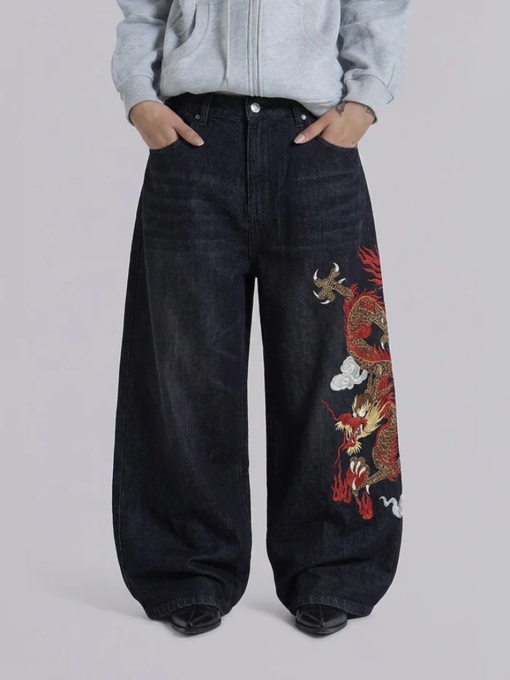 Y2K Black Dragon Embroidered Baggy Wide Leg Jeans L